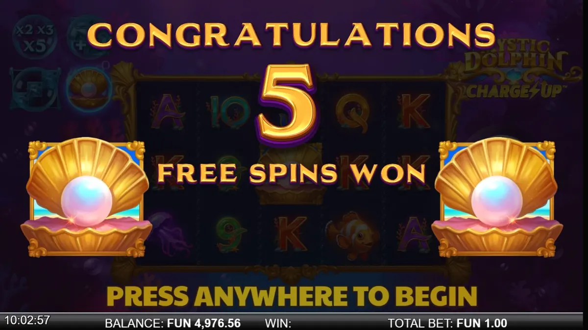 Interface subaquática do slot Mystic Dolphin Charge Up com golfinhos e recifes
