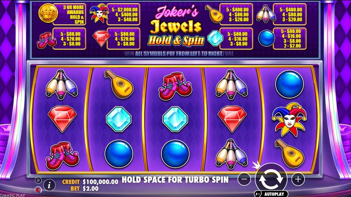 Interface do jogo Joker’s Jewels Hold & Spin com símbolos de joias e o Coringa