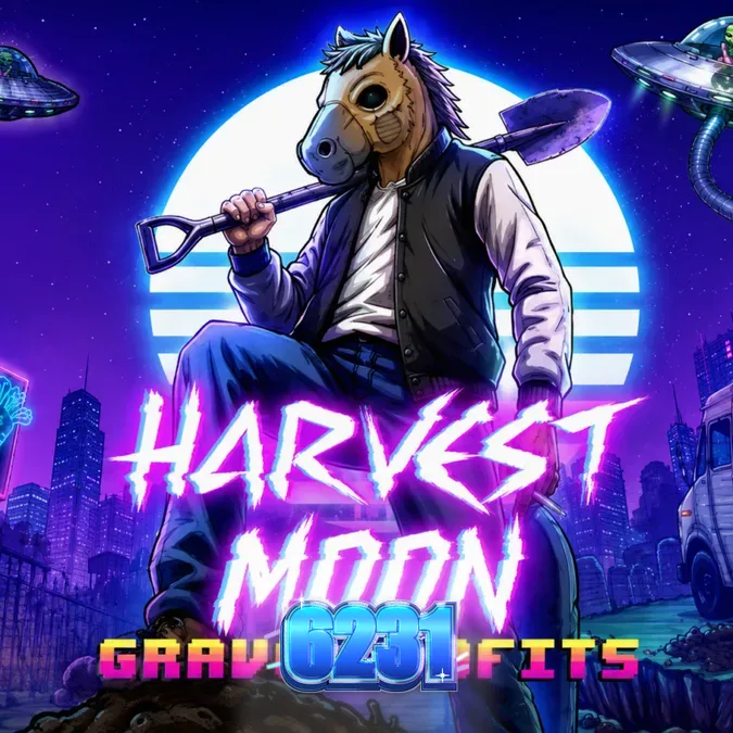 Captura de tela do jogo Harvest Moon Grave Profits, mostrando a grade de 5x4 com símbolos de horror corporal e a lua cheia ao fundo.